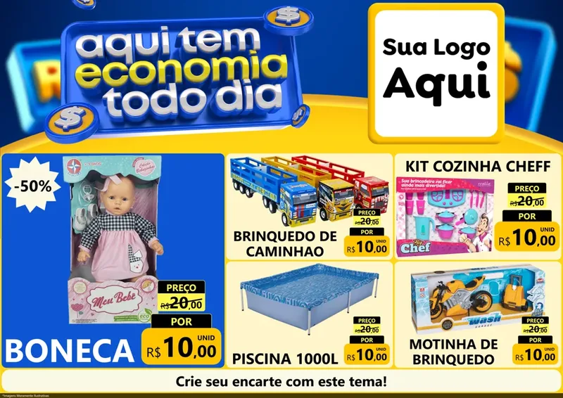 Modelo de Encarte para Encarte A4 Horizontal com o tema Aqui Tem Economia Todo Dia para Brinquedos