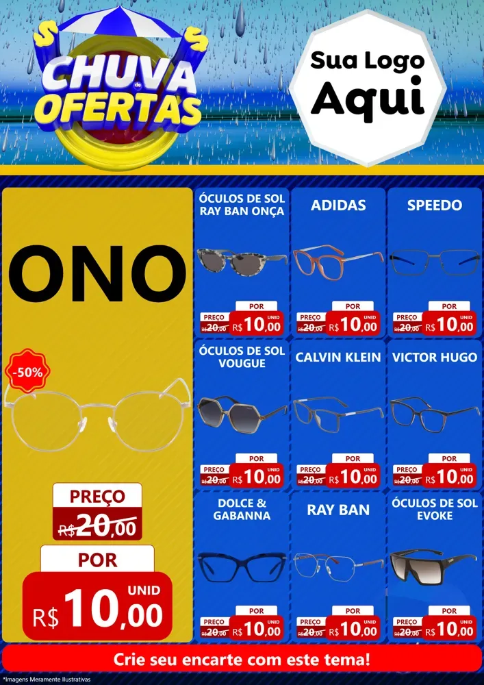 Modelo de Encarte para Encarte A4 Vertical com o tema Chuva de Ofertas para Óticas