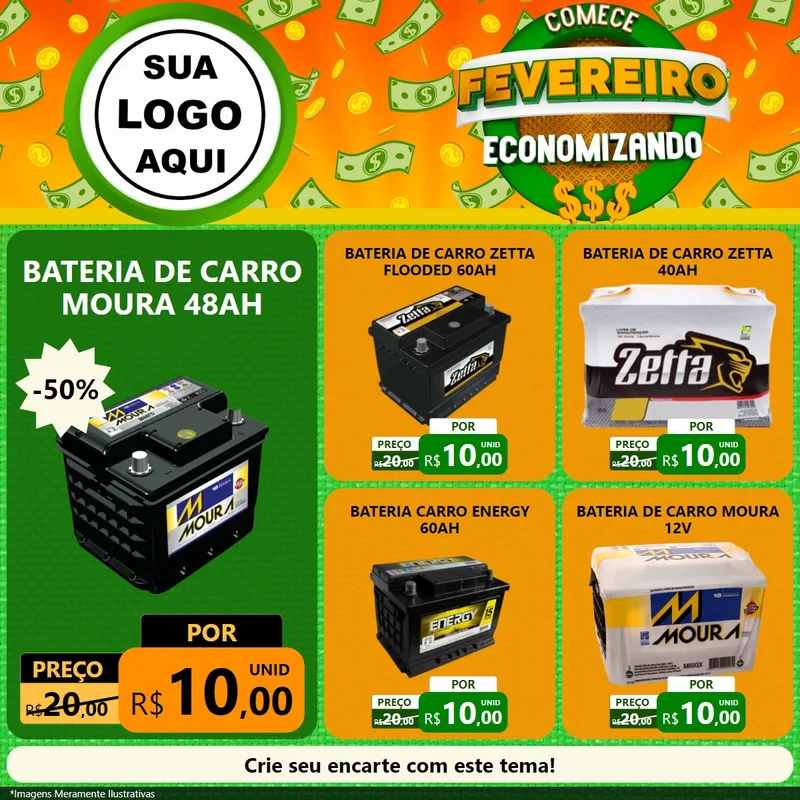Modelo de Rede Social para Feed Facebook com o tema Comece Fevereiro Economizando para Baterias Elétricas