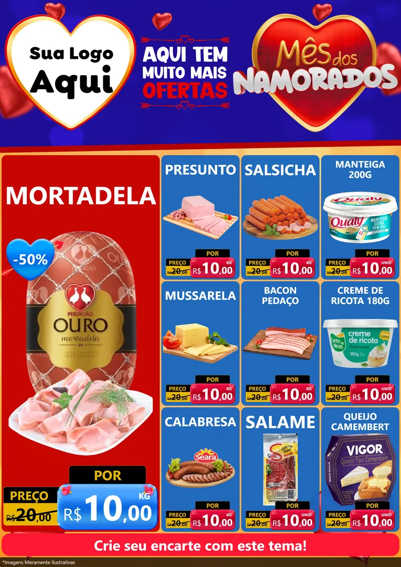 Modelo de Encarte para Encarte A4 Vertical com o tema Mês dos Namorados para Frios e Laticínios