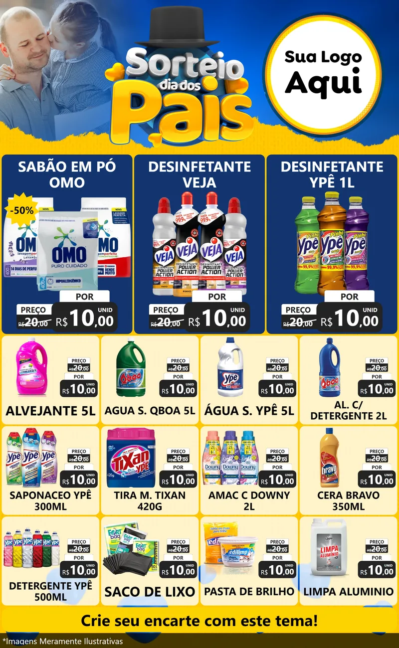 Modelo de Encarte para Encarte Grande com o tema Sorteio Dia Dos Pais para Produtos de Limpeza