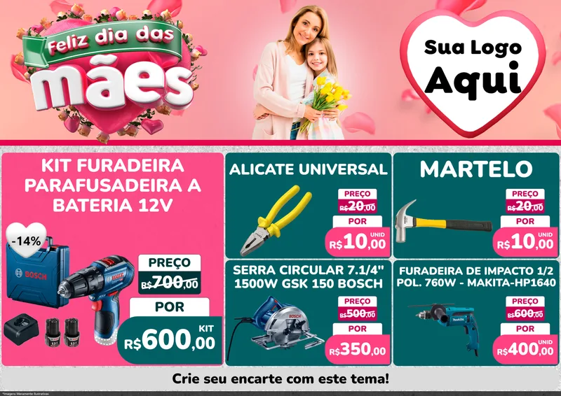 Modelo de Encarte para Encarte A4 Horizontal com o tema Feliz Dia das Mães para Maquinas e Ferramentas