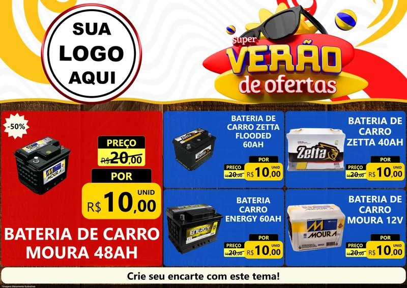Modelo de Encarte para Encarte A4 Horizontal com o tema Super Verão de Ofertas para Baterias Elétricas