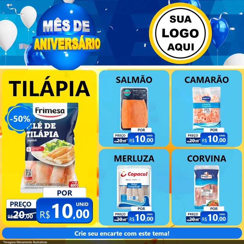Modelo de Rede Social para Feed Facebook com o tema Mês de Aniversário para Peixaria