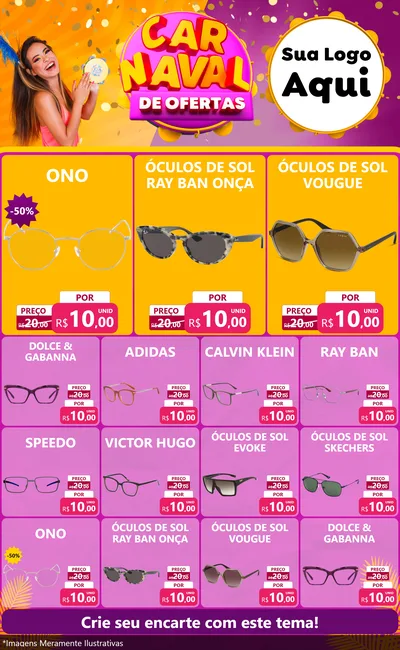 Modelo de Encarte para Encarte Grande com o tema Carnaval de Ofertas para Óticas