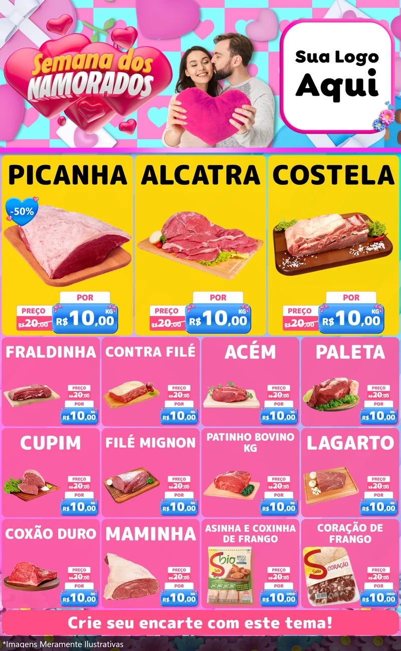 Modelo de Encarte para Encarte Grande com o tema Semana dos Namorados para Açougue