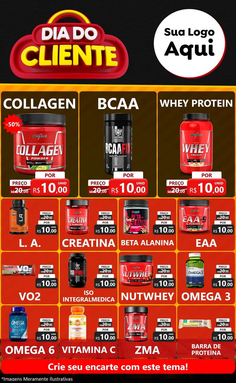 Modelo de Encarte para Encarte Grande com o tema Dia do Cliente para Suplementos alimentares