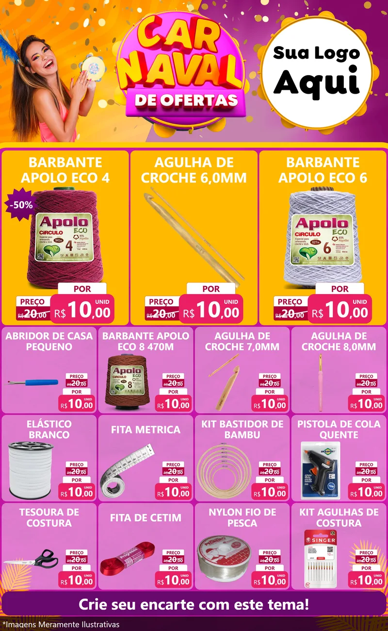 Modelo de Encarte para Encarte Grande com o tema Carnaval de Ofertas para Armarinho e Aviamentos