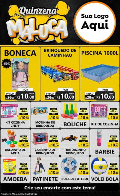 Modelo de Encarte para Encarte Grande com o tema Quinzena Maluca para Brinquedos