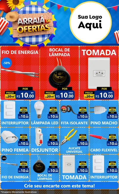 Modelo de Encarte para Encarte Grande com o tema Arraiá de Ofertas para Materiais Elétricos