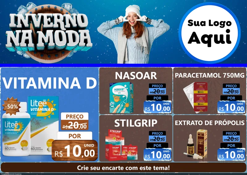 Modelo de Encarte para Encarte A4 Horizontal com o tema Inverno na Moda para Farmácia