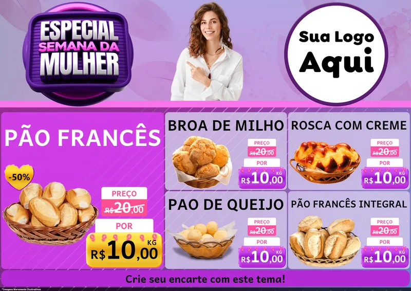 Modelo de Encarte para Encarte A4 Horizontal com o tema Especial Semana da Mulher para Padaria