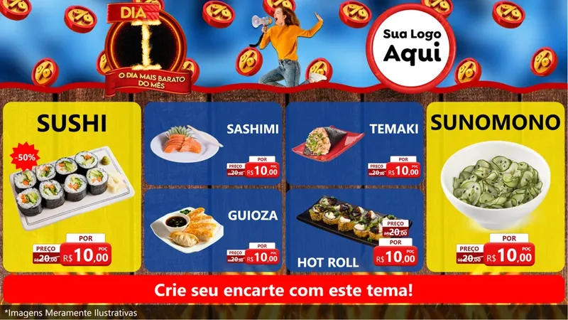 Modelo de TV para TV Horizontal com o tema Dia I - O Dia Mais Barato Do Mês para Comida japonesa