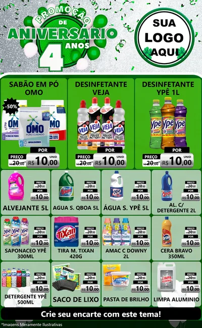 Modelo de Encarte para Encarte Grande com o tema Promoção de Aniversário - 4 Anos para Produtos de Limpeza