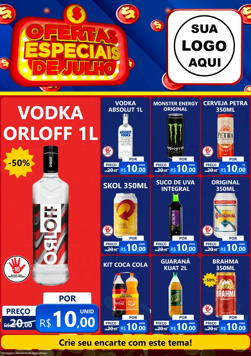 Modelo de Encarte para Encarte A4 Vertical com o tema Ofertas Especiais de Julho para Distribuidora de bebidas