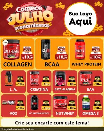 Modelo de Rede Social para Feed Instagram com o tema Comece Julho Economizando para Suplementos alimentares