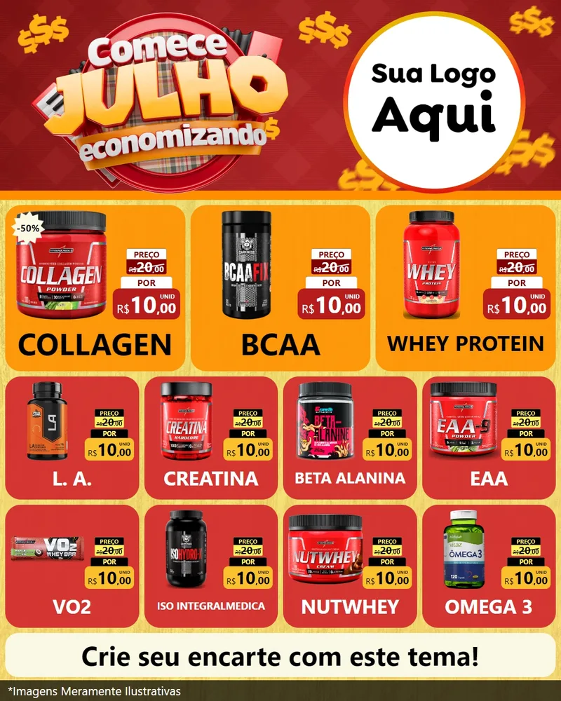 Modelo de Rede Social para Feed Instagram com o tema Comece Julho Economizando para Suplementos alimentares