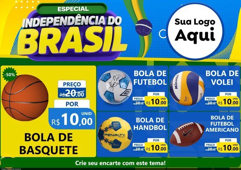 Modelo de Encarte para Encarte A4 Horizontal com o tema Especial Independência do Brasil para Artigos Esportivos
