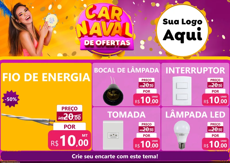 Modelo de Encarte para Encarte A4 Horizontal com o tema Carnaval de Ofertas para Materiais Elétricos