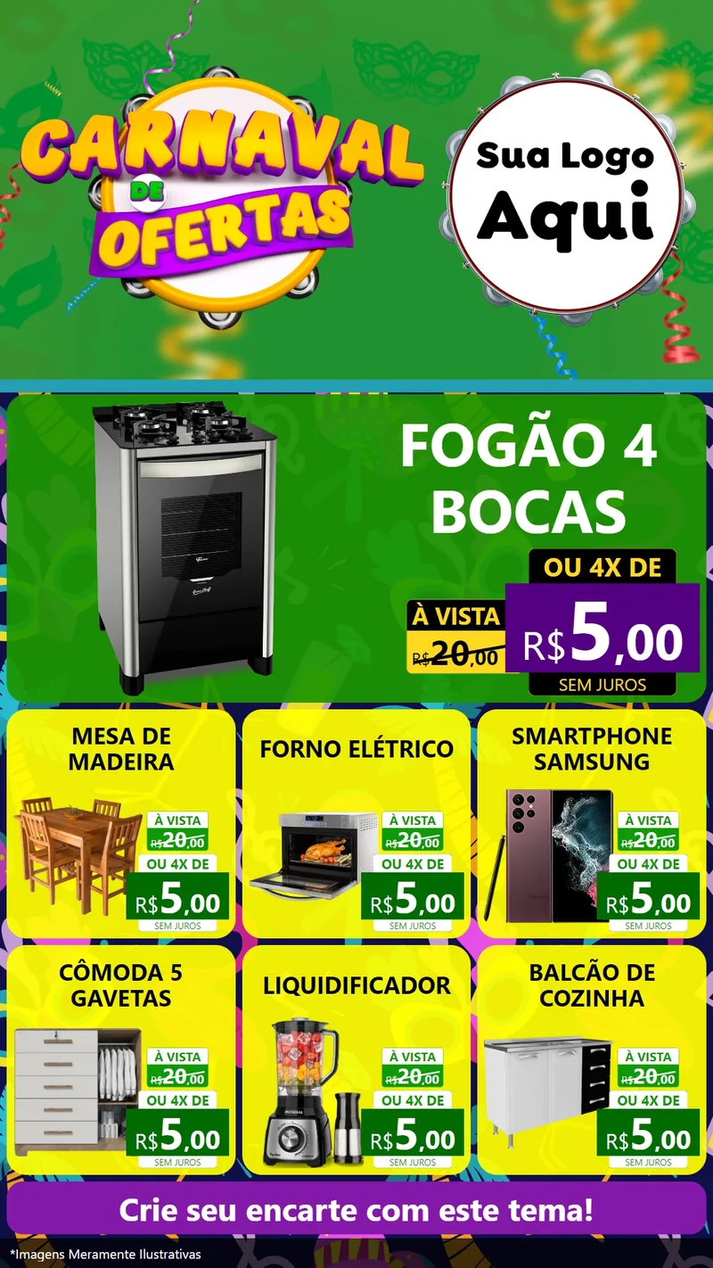 Modelo de Rede Social para Stories com o tema Carnaval de Ofertas para Móveis e Eletro