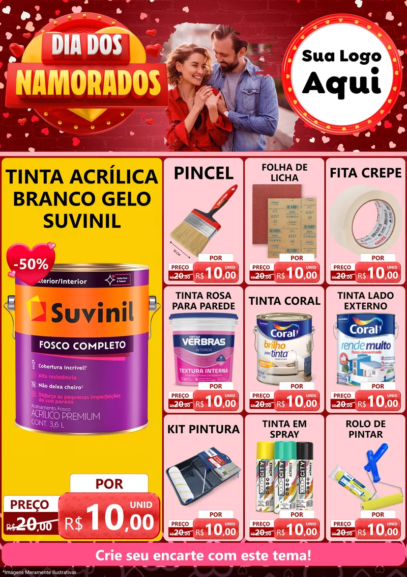 Modelo de Encarte para Encarte A4 Vertical com o tema Dia Dos Namorados para Tintas e Ferramentas