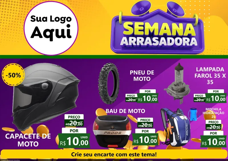 Modelo de Encarte para Encarte A4 Horizontal com o tema Semana Arrasadora para Moto peças