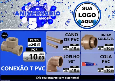 Modelo de Encarte para Encarte A4 Horizontal com o tema Promoção de Aniversário - 5 Anos para Tubos e conexões