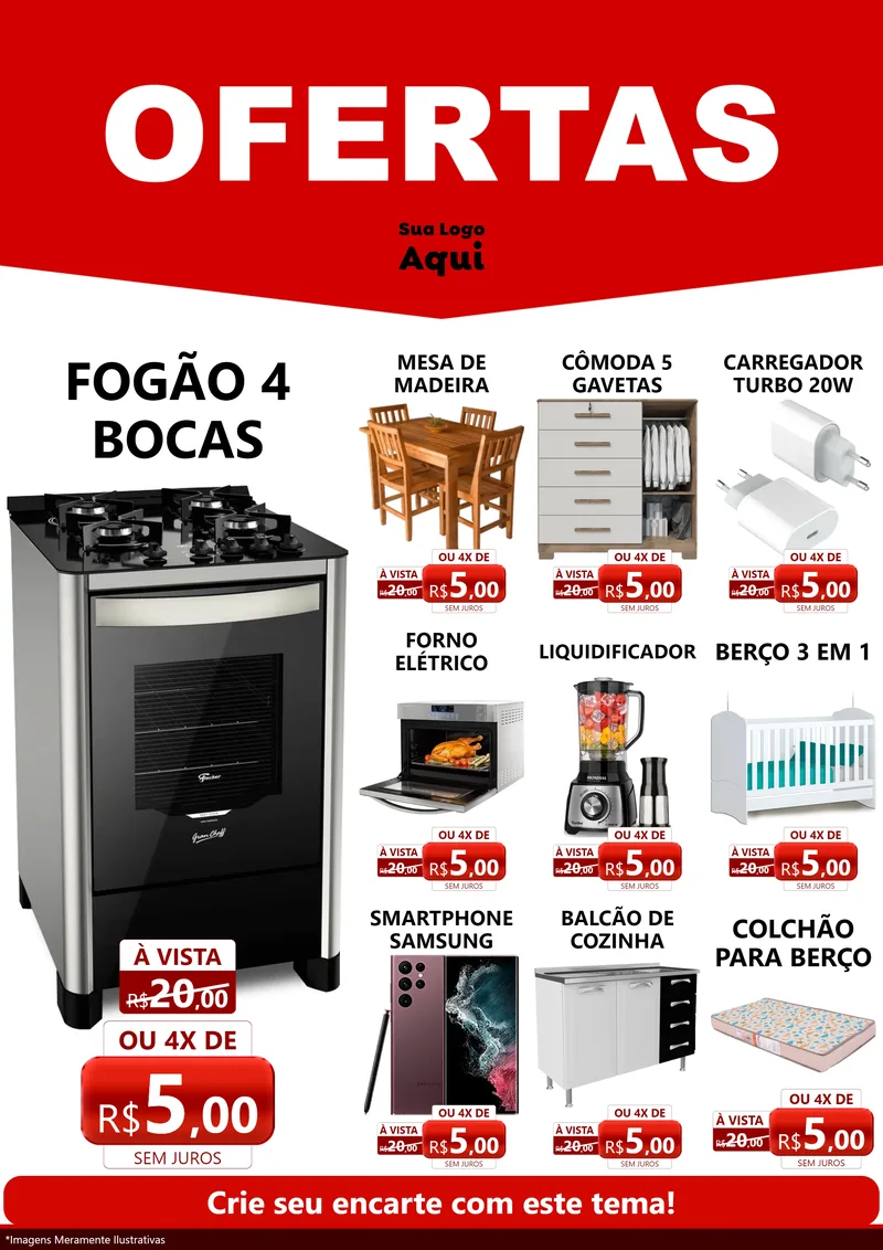 Modelo de Encarte para Encarte A4 Vertical com o tema Ofertas Vermelho Cartaz para Móveis e Eletro