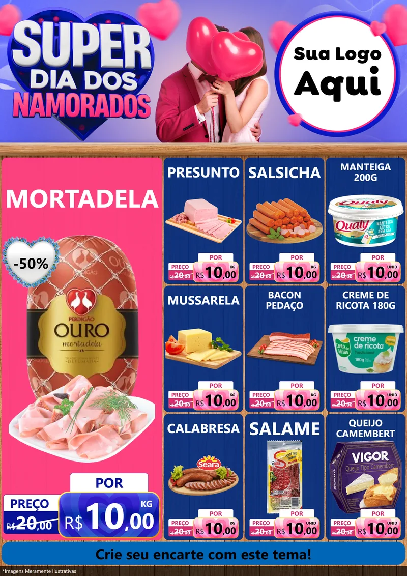 Modelo de Encarte para Encarte A4 Vertical com o tema Super Dia dos Namorados para Frios e Laticínios