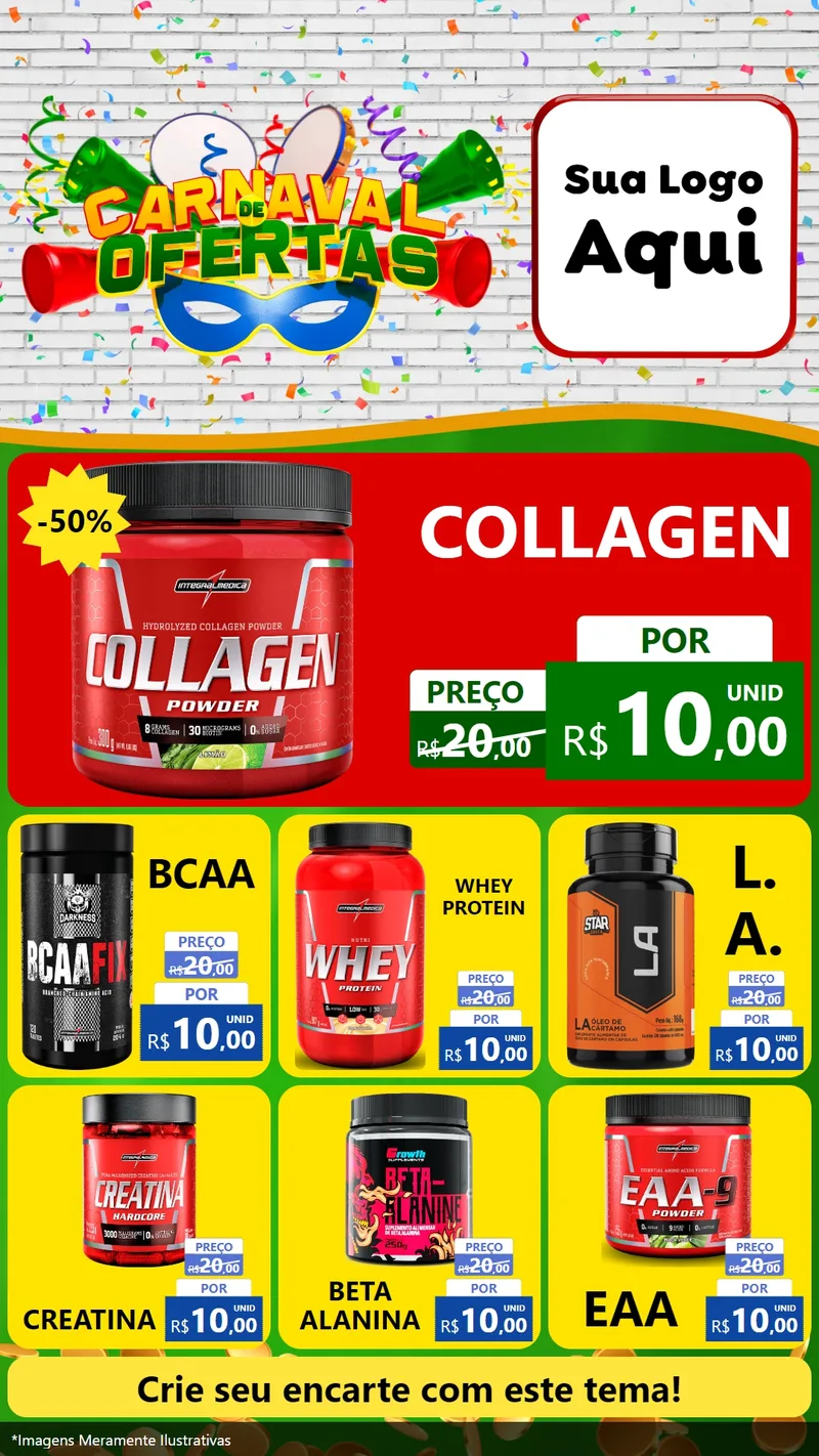 Modelo de Rede Social para Stories com o tema Carnaval de Ofertas para Suplementos alimentares
