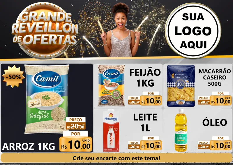 Modelo de Encarte para Encarte A4 Horizontal com o tema Grande Réveillon de Ofertas para Supermercado
