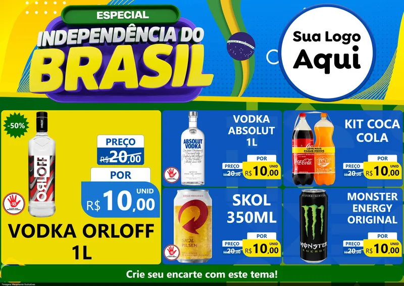 Modelo de Encarte para Encarte A4 Horizontal com o tema Especial Independência do Brasil para Distribuidora de bebidas