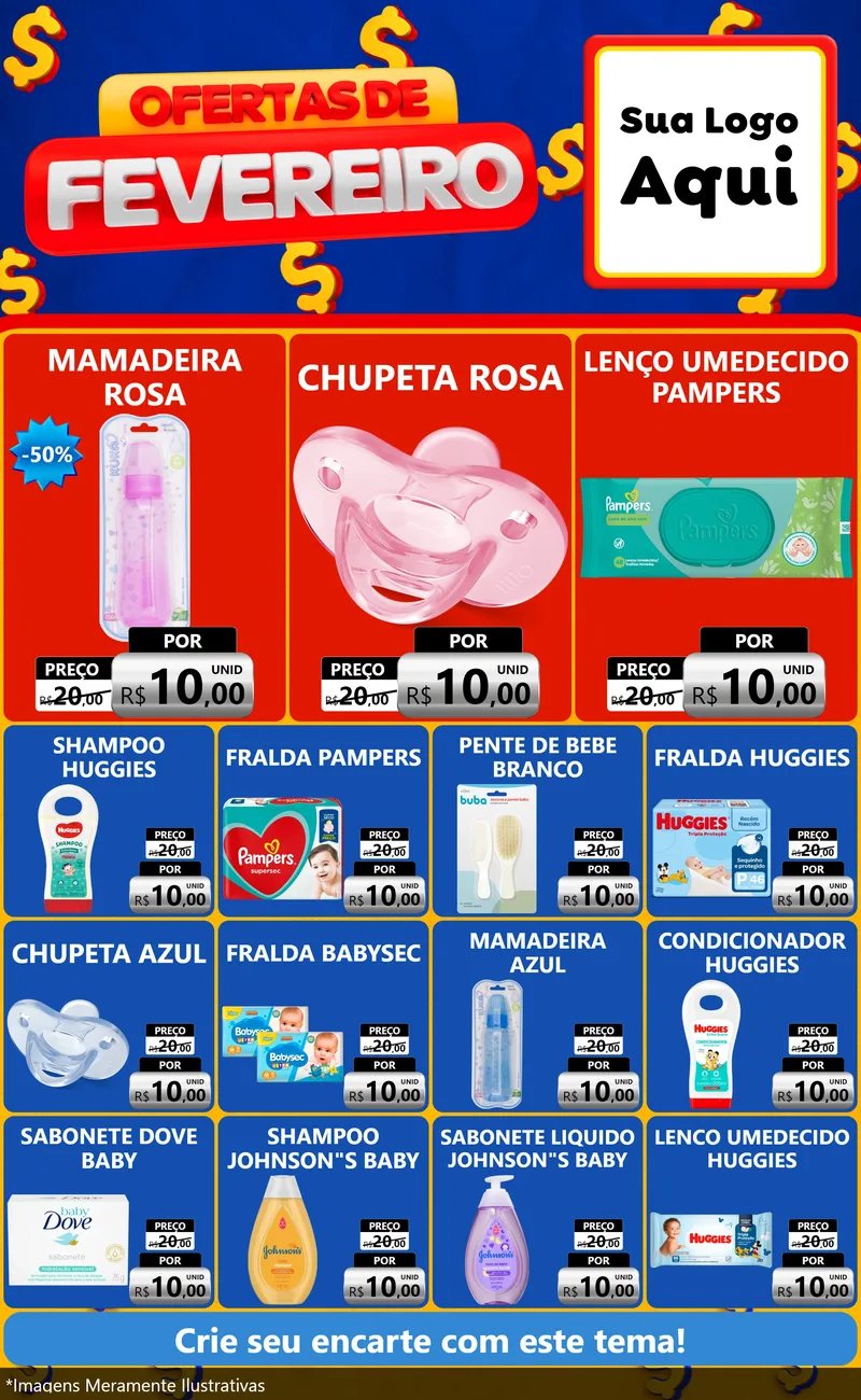 Modelo de Encarte para Encarte Grande com o tema Ofertas de Fevereiro para Bebês