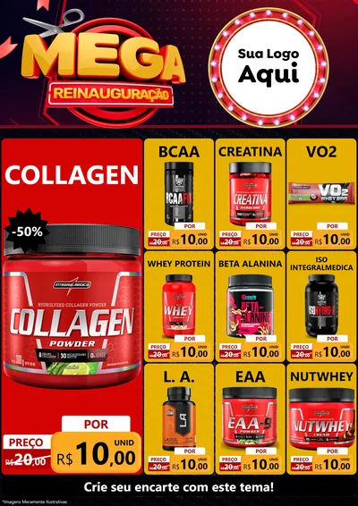 Modelo de Encarte para Encarte A4 Vertical com o tema Mega Reinauguração para Suplementos alimentares