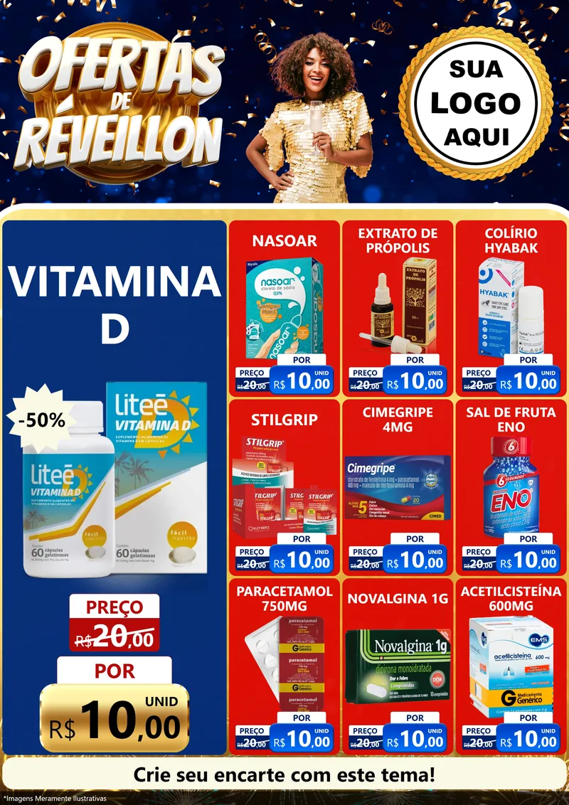 Modelo de Encarte para Encarte A4 Vertical com o tema Ofertas de Réveillon para Farmácia