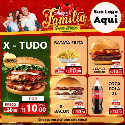 Modelo de Rede Social para Feed Facebook com o tema Alegria em Família Super Ofertas - Natal para Hamburgueria