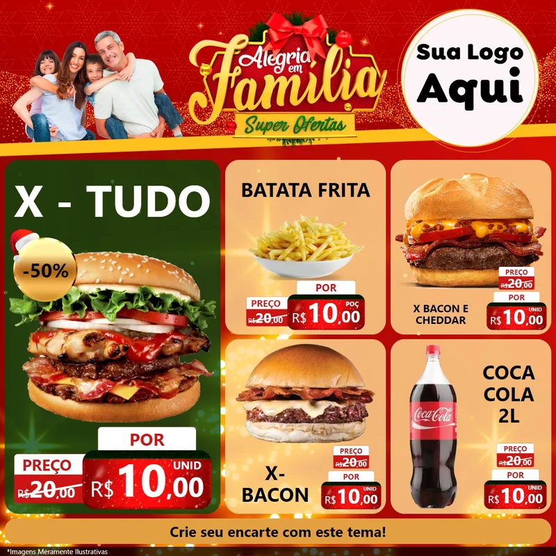 Modelo de Rede Social para Feed Facebook com o tema Alegria em Família Super Ofertas - Natal para Hamburgueria