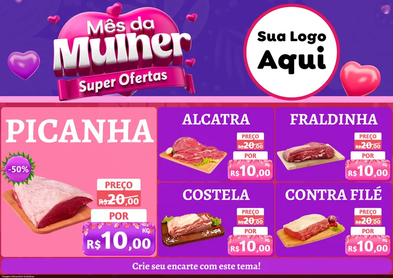 Modelo de Encarte para Encarte A4 Horizontal com o tema Mês da Mulher - Super Ofertas para Açougue