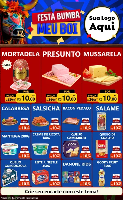 Modelo de Encarte para Encarte Grande com o tema Festa Bumba meu Boi para Frios e Laticínios