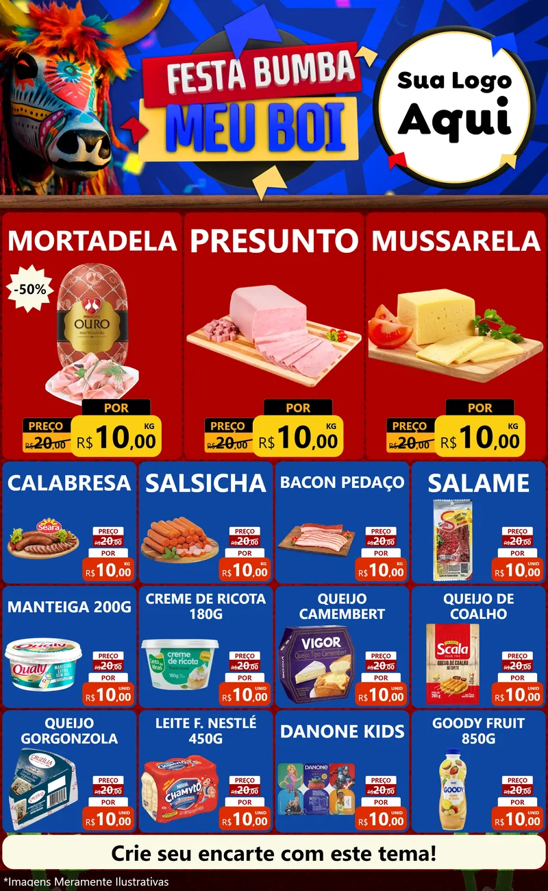 Modelo de Encarte para Encarte Grande com o tema Festa Bumba meu Boi para Frios e Laticínios