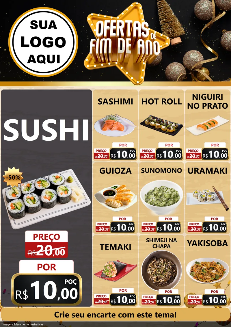 Modelo de Encarte para Encarte A4 Vertical com o tema Ofertas de Fim de Ano para Comida japonesa