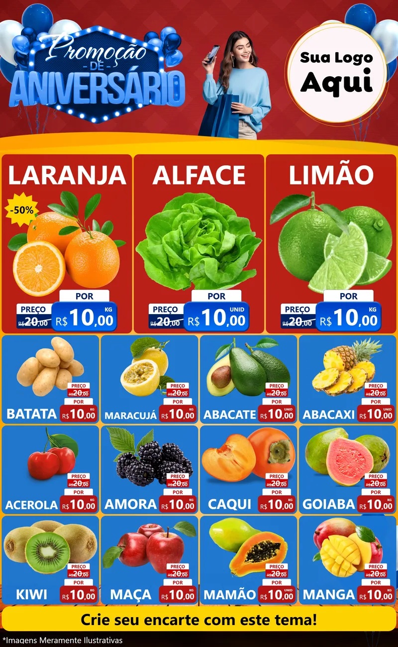 Modelo de Encarte para Encarte Grande com o tema Promoção de Aniversário para Hortifrúti