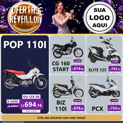 Modelo de Rede Social para Feed Facebook com o tema Ofertas de Réveillon para Concessionaria de Motos