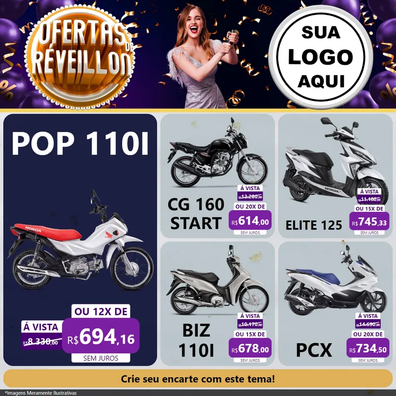 Modelo de Rede Social para Feed Facebook com o tema Ofertas de Réveillon para Concessionaria de Motos