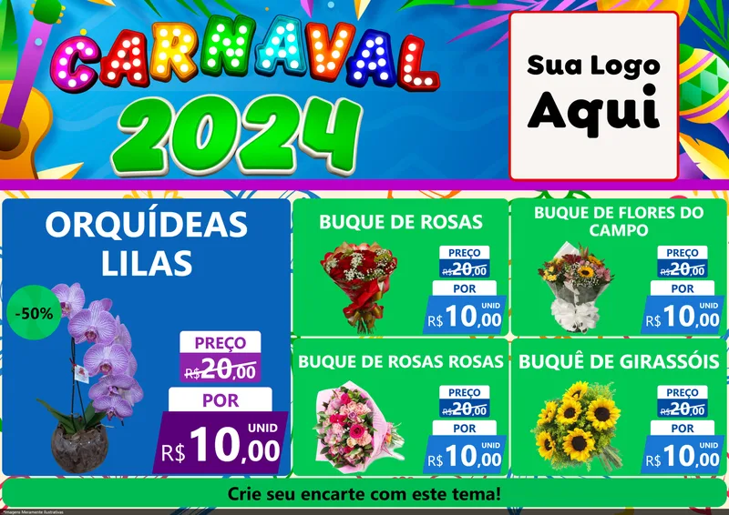 Modelo de Encarte para Encarte A4 Horizontal com o tema Carnaval 2027 para Floricultura e jardim