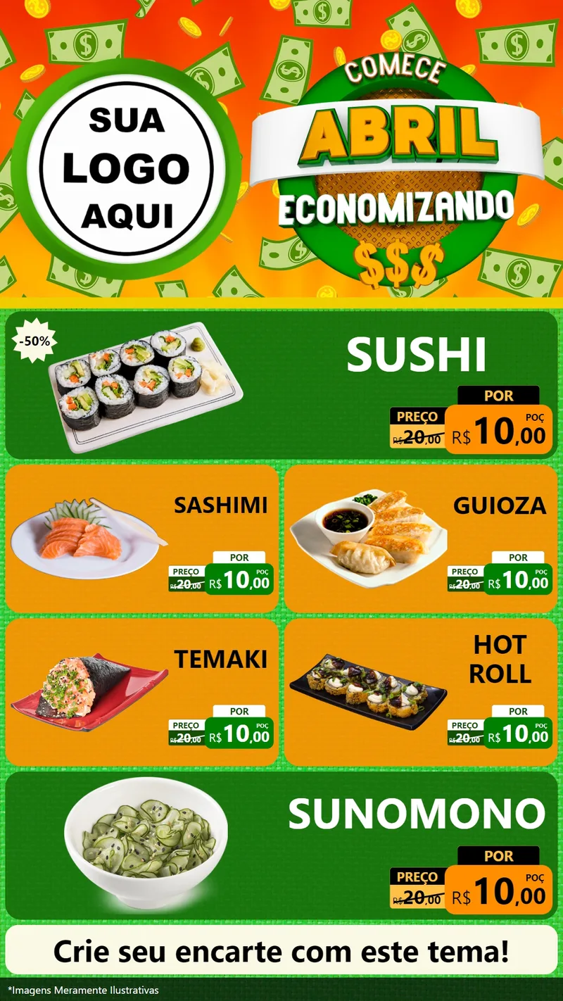 Modelo de TV para TV Vertical com o tema Comece Abril Economizando para Comida japonesa