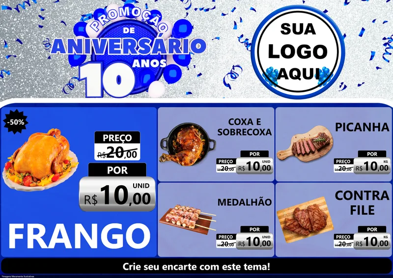 Modelo de Encarte para Encarte A4 Horizontal com o tema Promoção de Aniversário - 10 Anos para Assados