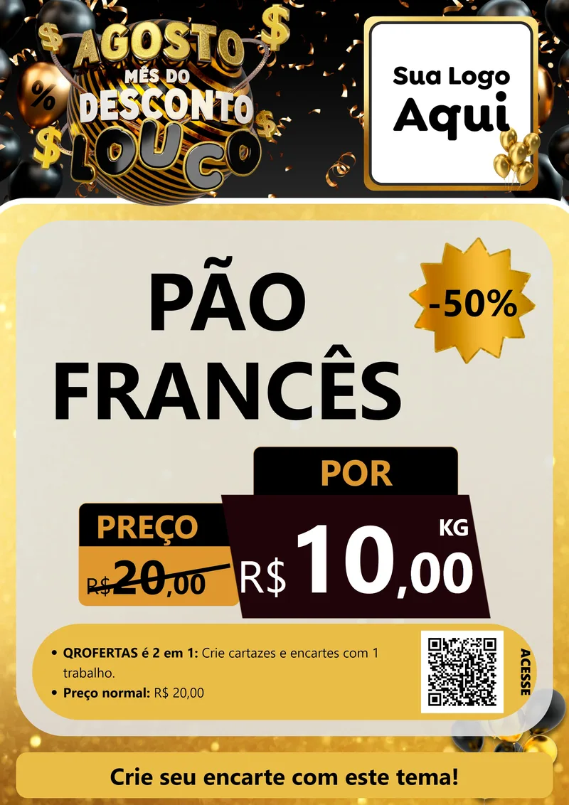 Modelo de Cartaz para Cartaz A4 Vertical com o tema Agosto Mês do Desconto Louco para Padaria
