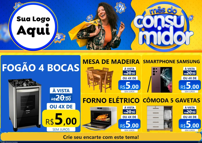 Modelo de Encarte para Encarte A4 Horizontal com o tema Mês do Consumidor para Móveis e Eletro