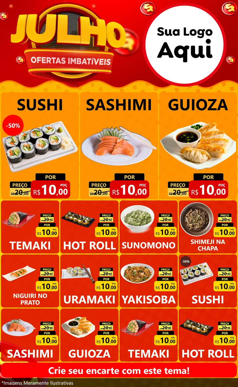 Modelo de Encarte para Encarte Grande com o tema Julho Ofertas Imbatíveis para Comida japonesa